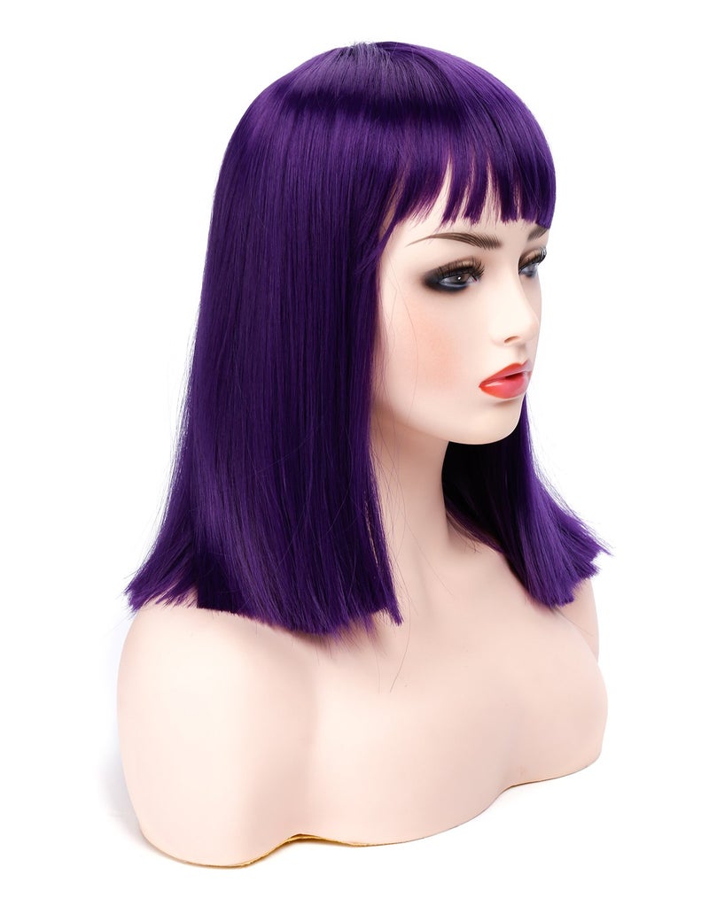 morvally Short Straight Purple Wig with Bangs Natural Looking Heat Resistant Hair Cosplay Costume Wigs for Women (14 inches Dark Purple) - Image 3